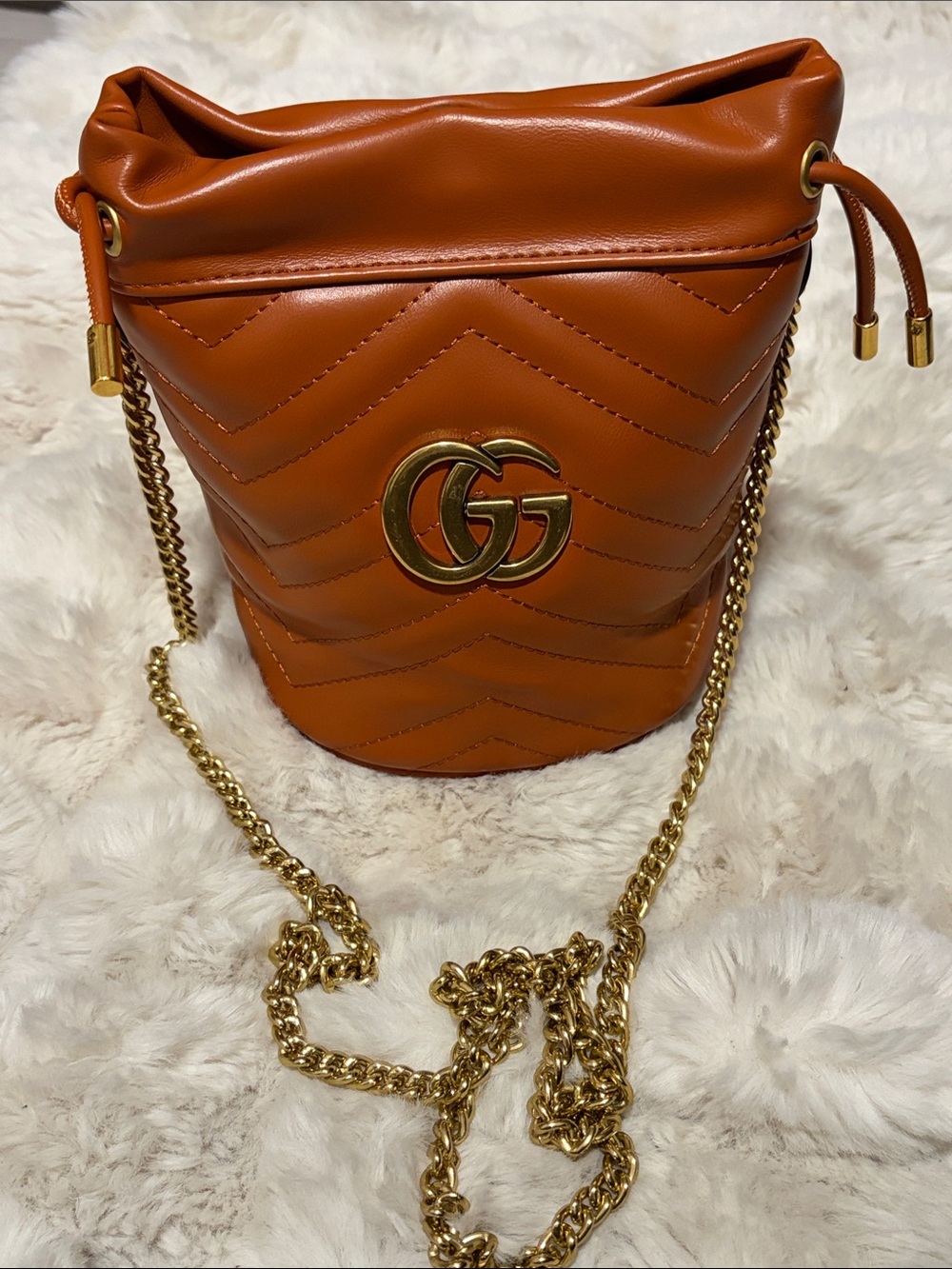 Designer-Inspired Brown Quilted Chevron Bucket Crossbody with Gold Chain